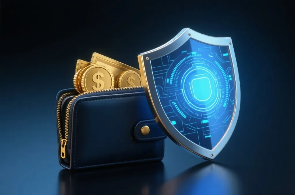 安全的数字盾牌保护着装有金币的钱包，网络安全，蓝金色调，专业质感